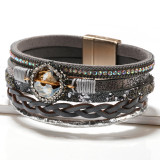 Multi-layer hand-woven natural crystal leather magnet clasp bracelet