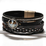 Multi-layer hand-woven natural crystal leather magnet clasp bracelet