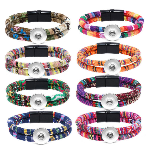 20MM Snaps button jewelry wholesale Ethnic style bracelet Bohemian style fabric multi-color woven bracelet