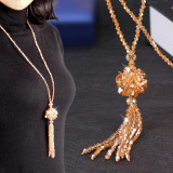 Flower crystal long tassel necklace