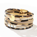 Multi-layer leopard pearl magnetic leather bracelet