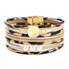 Multi-layer leopard pearl magnetic leather bracelet