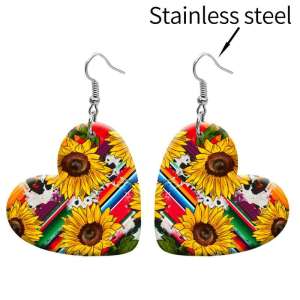 10 styles love resin sunflower dairy cattle pattern stainless steel Painted Heart earrings