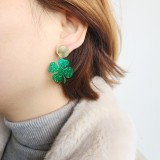 Acrylic green glittering pink clover lucky grass earrings