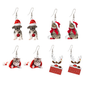 Acrylic Christmas Santa Claus Chihuahua Christmas hat kitten bell elk Christmas tree earrings