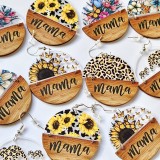 Mother's Day mama sunflower round earrings sunflower butterfly leopard bear mam wooden semicircle earrings