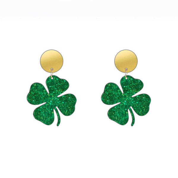 Acrylic green glittering pink clover lucky grass earrings