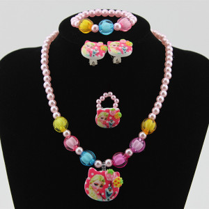 Children's Resin Necklace Bracelet Four Piece Set Ring Earrings Girls' Plastic Flower Set