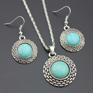 Round Turquoise Necklace Earrings Two Piece Set