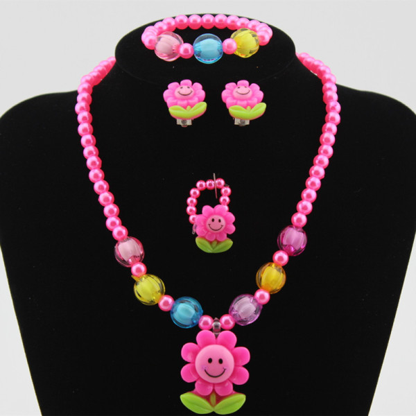 Children's Resin Necklace Bracelet Four Piece Set Ring Earrings Girls' Plastic Flower Set