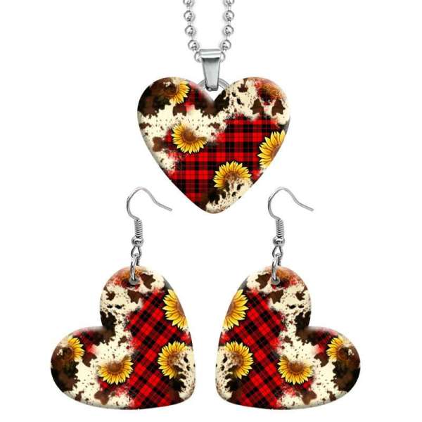 10 styles love resin Stainless Steel sunflower Flower pattern Heart Painted  Earrings 60CMM Necklace Pendant Set