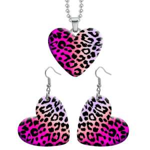 10 styles love resin Stainless Steel Leopard Pattern Heart Painted  Earrings 60CMM Necklace Pendant Set