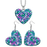10 styles love Colored Fish Scale Pattern resin Stainless Steel Heart Painted  Earrings 60CMM Necklace Pendant Set