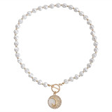Crescent studded with diamonds, white water flowing shell pendant necklace