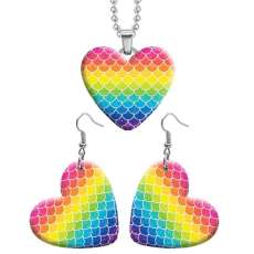 10 styles love Colored Fish Scale Pattern resin Stainless Steel Heart Painted  Earrings 60CMM Necklace Pendant Set