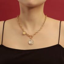 Crescent studded with diamonds, white water flowing shell pendant necklace