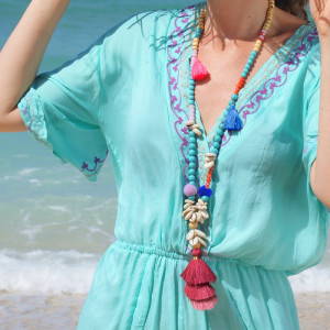 Colorful Tassels Handmade Beaded Beach Shell Turquoise White Wood Beads Long Necklace