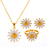 Copper Zircon Daisy Earrings Ring Necklace Set