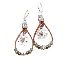 Bohemian Leather Rope Flower Jade Beaded Earrings