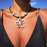 Silver Flower Leather Rope Necklace