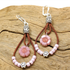 Bohemian Leather Rope Flower Jade Beaded Earrings