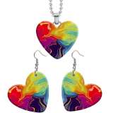 10 styles love Colorful Art Pattern resin Stainless Steel Heart Painted  Earrings 60CMM Necklace Pendant Set