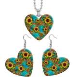 10 styles love girl Sunflower pattern resin Stainless Steel Heart Painted  Earrings 60CMM Necklace Pendant Set