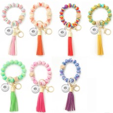 Colored Silicone Bracelet Wood Bead Wrist Key Chain fit  20MM Snaps button jewelry wholesale