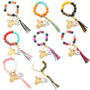 Tassel pendant Western cowboy bracelet Cow wood bead bracelet Cow head key chain fit  20MM Snaps button jewelry wholesale