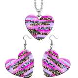 10 styles love Colorful Flower Leopard Pattern resin Stainless Steel Heart Painted  Earrings 60CMM Necklace Pendant Set