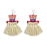 American Independence Day Wooden Flag Hat Handwoven Print Earrings Bohemian Tassel Earrings