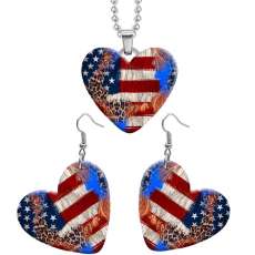 10 styles love USA Flag Ethnic Style Pattern  resin Stainless Steel Heart Painted  Earrings 60CMM Necklace Pendant Set