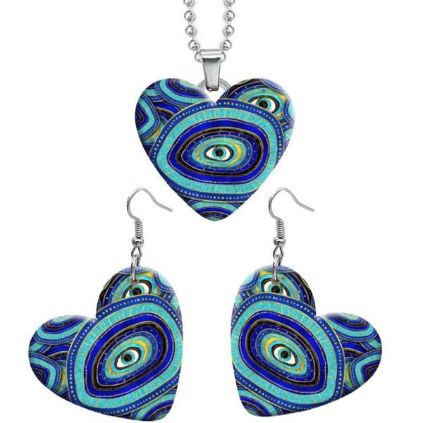 10 styles love Evil Eyes resin Stainless Steel Heart Painted  Earrings 60CMM Necklace Pendant Set