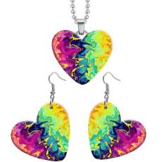 10 styles love Colorful Art Pattern resin Stainless Steel Heart Painted  Earrings 60CMM Necklace Pendant Set