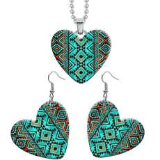 10 styles love Leopard Pattern resin Stainless Steel Heart Painted  Earrings 60CMM Necklace Pendant Set