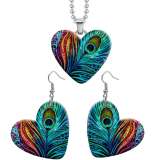 10 styles love Peacock feathers Bohemia pattern resin Stainless Steel Heart Painted  Earrings 60CMM Necklace Pendant Set