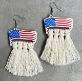 American Independence Day Wooden Flag Hat Handwoven Print Earrings Bohemian Tassel Earrings