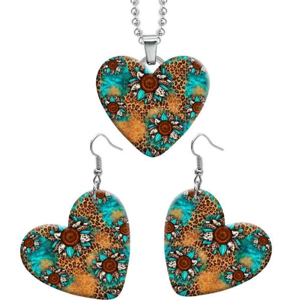 10 styles love girl Sunflower pattern resin Stainless Steel Heart Painted  Earrings 60CMM Necklace Pendant Set