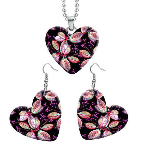 10 styles love Flower pattern resin Stainless Steel Heart Painted  Earrings 60CMM Necklace Pendant Set