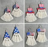 American Independence Day Wooden Flag Hat Handwoven Print Earrings Bohemian Tassel Earrings