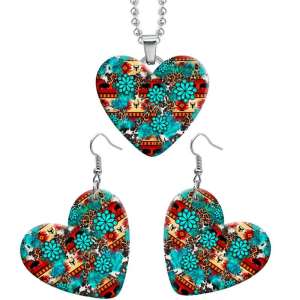 10 styles love Blue Leopard Pattern resin Stainless Steel Heart Painted  Earrings 60CMM Necklace Pendant Set