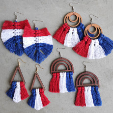 American Independence Day Earrings Summer Woven Tassel Hollow Rainbow Wood Bohemian Earrings