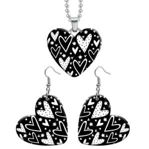 10 styles love Black and pattern white resin Stainless Steel Heart Painted  Earrings 60CMM Necklace Pendant Set