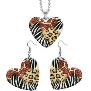 10 styles love Leopard Pattern resin Stainless Steel Heart Painted  Earrings 60CMM Necklace Pendant Set