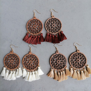 Tassel Earrings Round Flower Wood Earrings