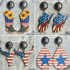 Independence Day Western Cowboy Boots Cowhead Wood Earrings