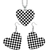 10 styles love Black and white Checkered pattern resin Stainless Steel Heart Painted  Earrings 60CMM Necklace Pendant Set