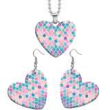 10 styles love Black and white Checkered pattern resin Stainless Steel Heart Painted  Earrings 60CMM Necklace Pendant Set