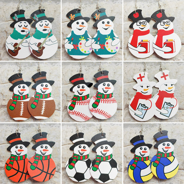 Christmas Snowman Leather Earrings Sports Football Baseball Football Volleyball Student Teacher Earrings