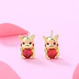 Gold Pikachu Love White Stone Necklace Earrings